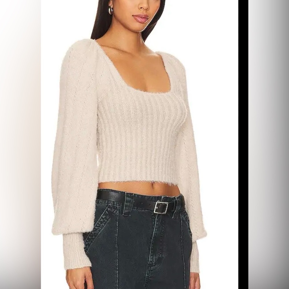 Free People Katie Ribbed Square Neck Puff Sleeve Pullover Sweater size S